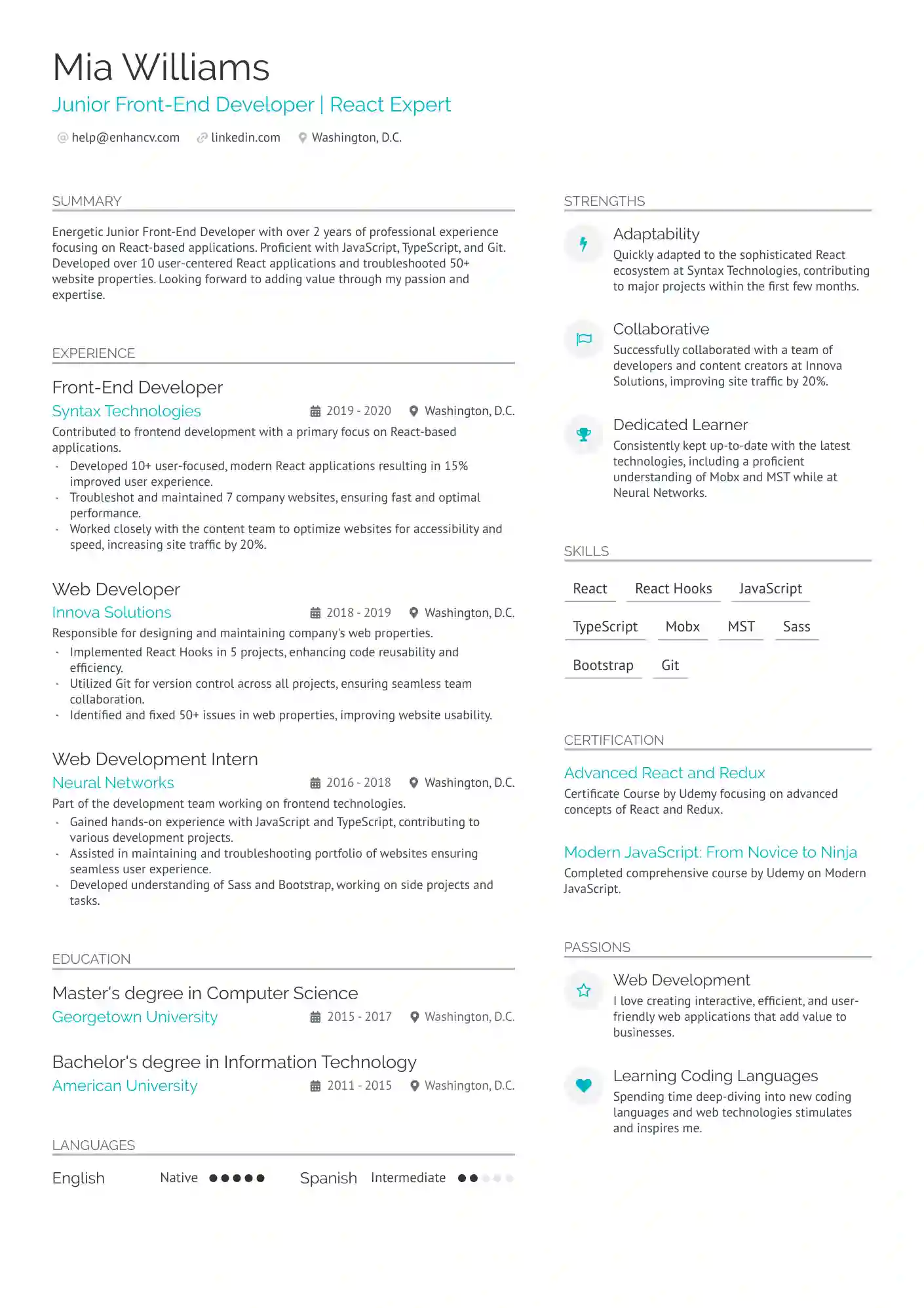 junior react developer resume template free